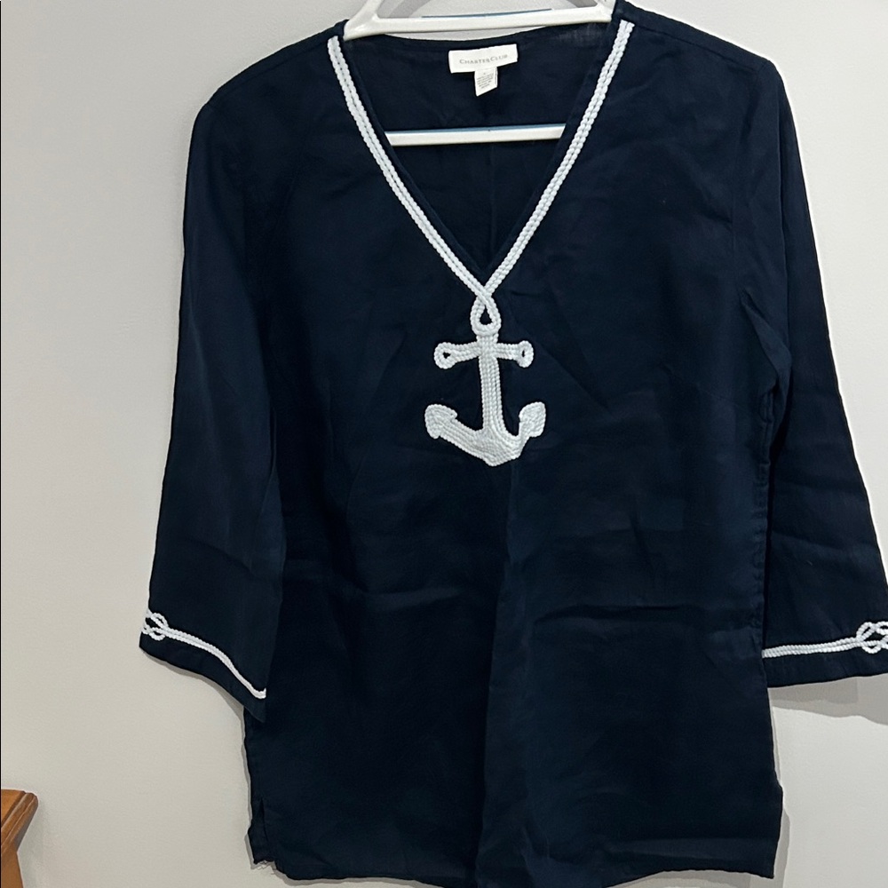 Charter Club Women's Dark Blue Tunic with Anchor Accent. 100% linen.